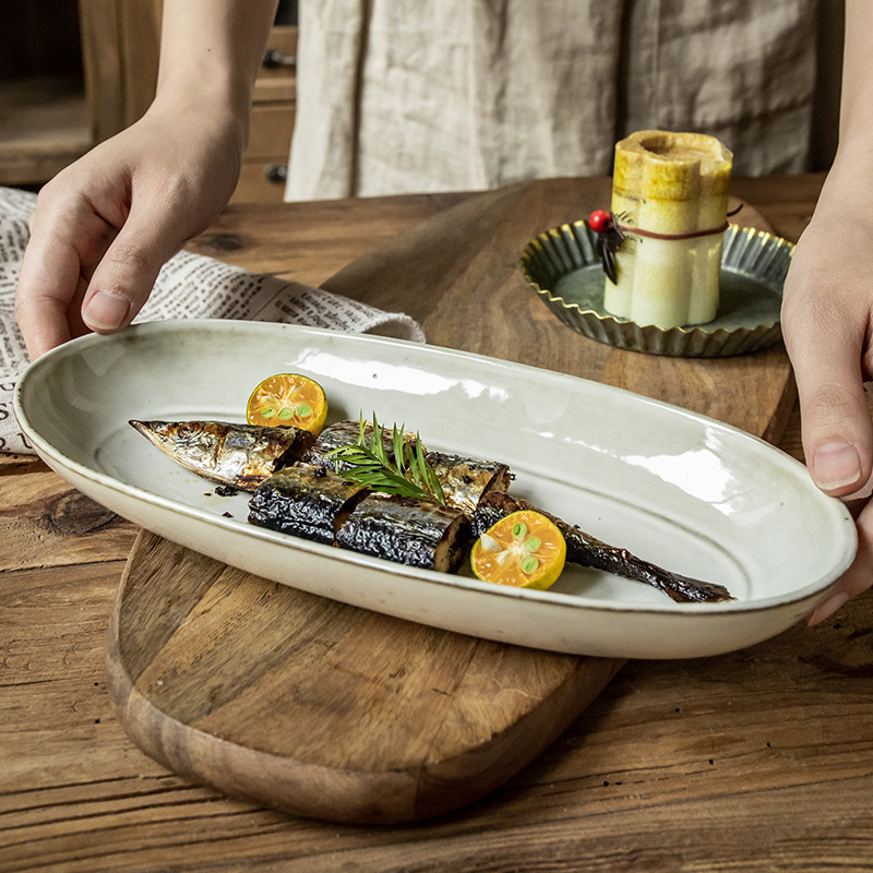Placa de pescado vintage retro 11 pulgadas horno elíptico placa de pescado al vapor placa de cerámica doméstica placa de material diario exportación transfronteriza