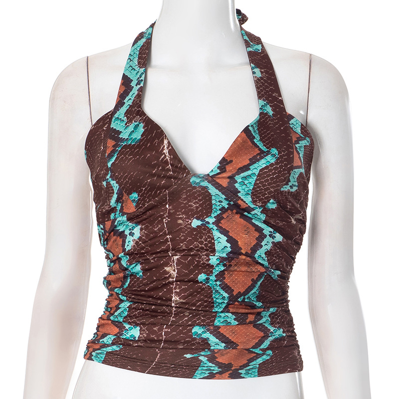 Women Clothing Autumn Winter Halter Lace up Hollow Out Cutout Backless Tube Top Pattern Printed Top T shirt