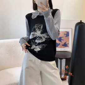 假两件撞色拼接蕾丝翻领羊毛针织衫女复古百搭气质毛衣长袖上衣潮