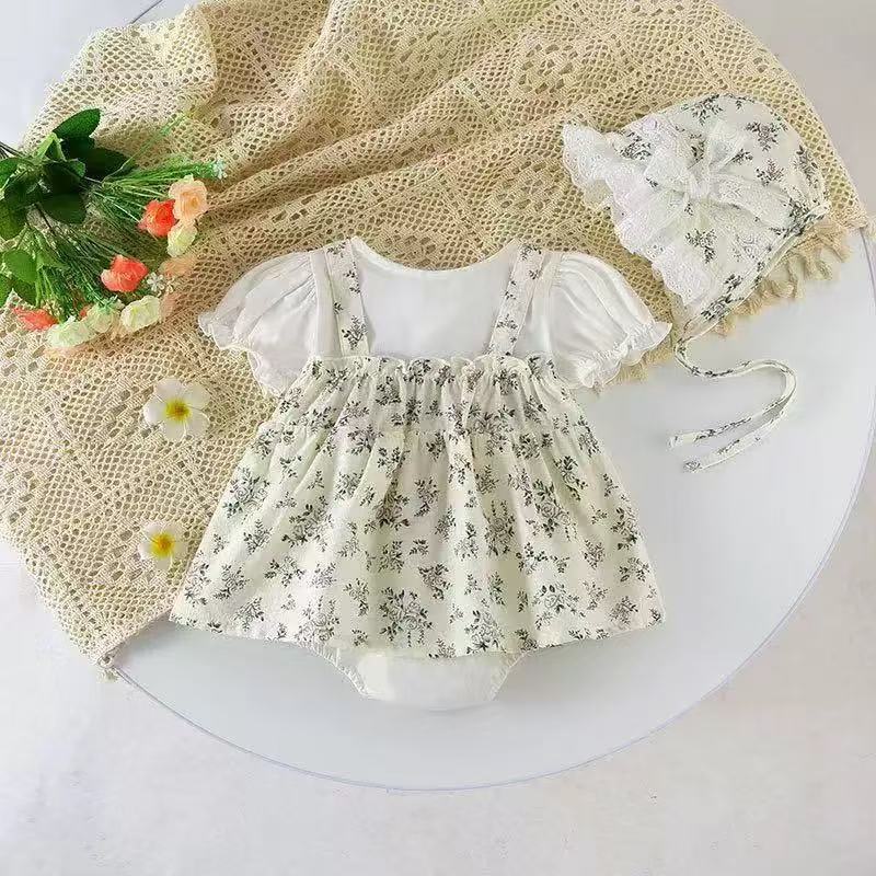 Primavera y verano vestido de mameluco floral para bebés, traje de escalada de manga corta para bebés y niños pequeños, abrigo de pedo para recién nacidos, mameluco triangular de cien días