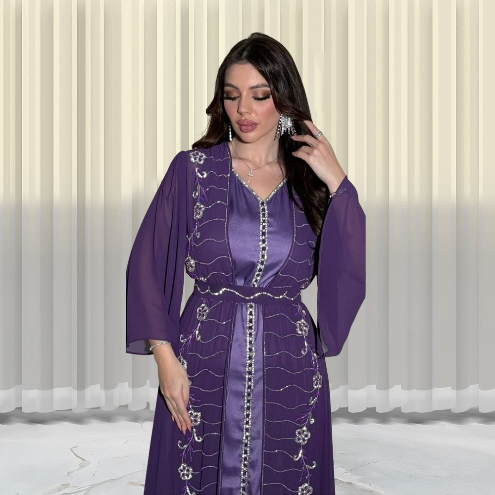 XQY500261 Four-Season Commuting Vest + Jacket Dress Chiffon Rhinestone Muslim Suit Robe_ecoleips.com