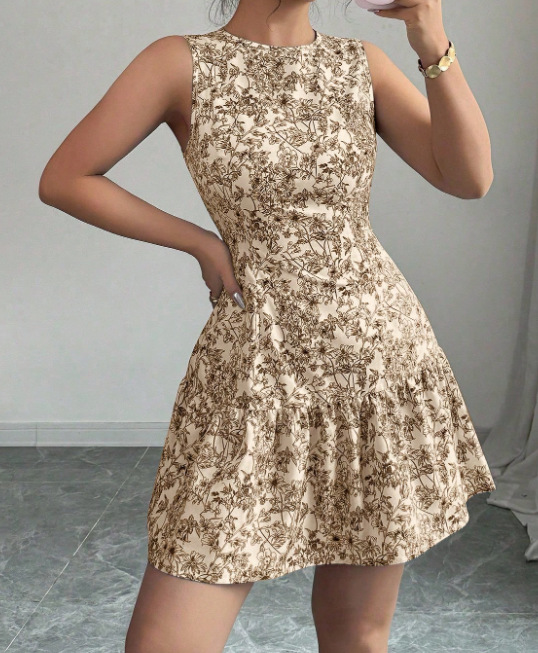 Women's Bohemian Style Floral Print Mini Dress Sleeveless Belted French Elegance Thin Summer Fashion Clothing_ecoleips.com