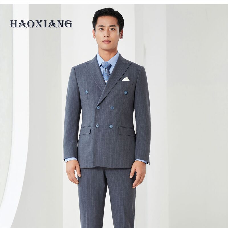 High-End Vertical Striped Double-Breasted Men's Suit Set, Business Commuter Professional Attire, Slim-Fit Groom's Wedding Suit