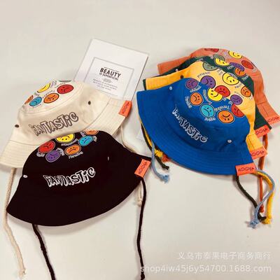 韓版兒童帽子新春薄款遮陽防嗮漁夫帽卡通表情印花時尚休閑盆帽潮