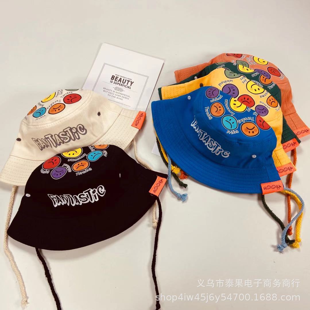 韓版兒童帽子新春薄款遮陽防嗮漁夫帽卡通表情印花時尚休閑盆帽潮