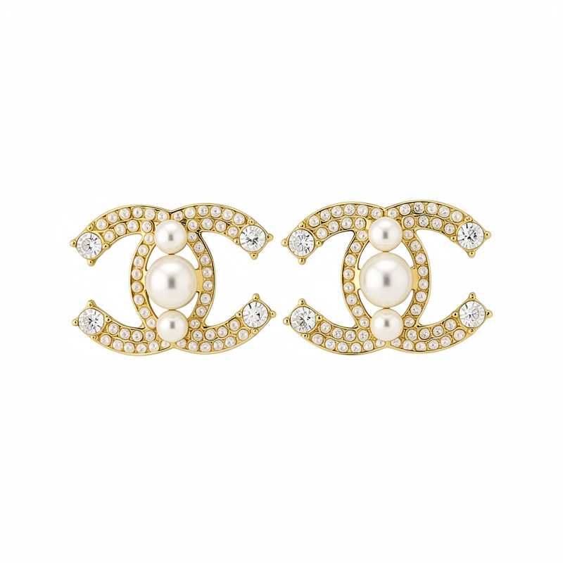 Aguja de plata con diamantes doble C perla personalidad femenina exquisita moda pendientes de viaje ligero de lujo alta sensación de pendientes al por mayor