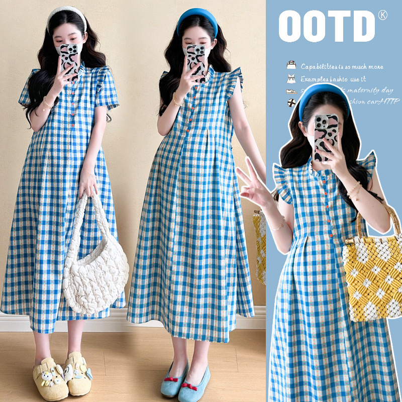 Pregnant Women's Summer Dress Age-reducing Small Fresh dress plus size Small Flying Sleeve chubby girl Pastoral Plaid dress Shirt Skirt