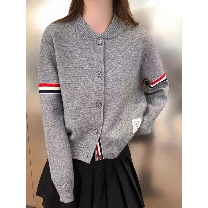 设计感双袖撞色条纹立领针织开衫女气质上衣短外套棒球服|undefined