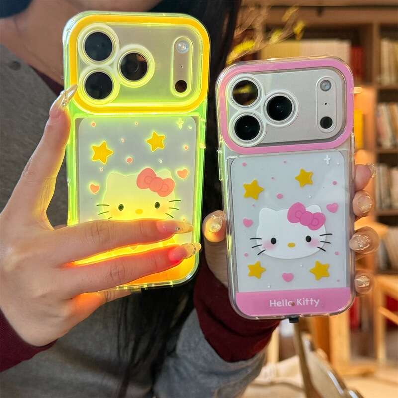 Internet Celebrity Flashing Star Kt Cat Phone Case for iPhone 17 Pro with Sound-Activated Sensor and Glowing Feature for 16 Pro Max