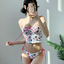 元气草莓印花法式复古原尾吊带比基尼三角分体水果裹胸泳衣女绑带