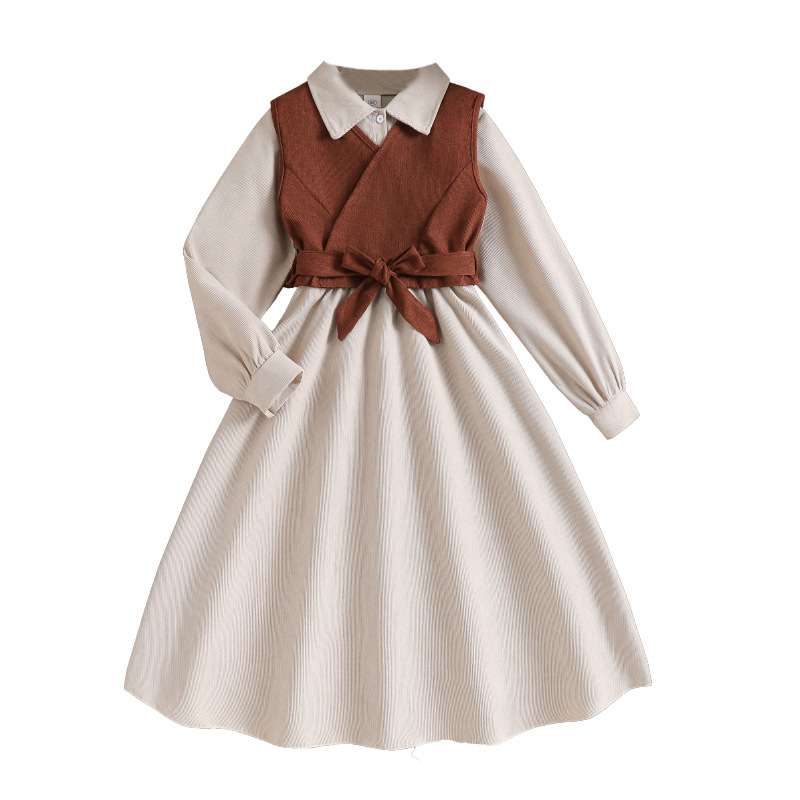 Conjunto de dos piezas para niñas: Vestido elegante de manga larga con cinturón vintage y chaleco, nueva colección primavera 2026 de ropa infantil transfronteriza.