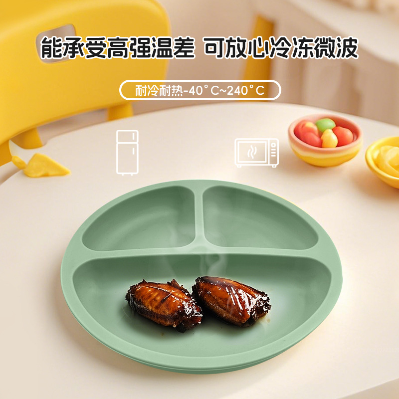 Placa de comedor de silicona para bebés 304 tenedor y cuchara de acero inoxidable, plato de ventosa, alimento complementario de tres compartidos para bebés de grado alimenticio resistente a altas temperaturas