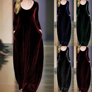 2025 European and American Cross-Border Autumn and Winter Gold Velvet Long Dress Round Neck Long Sleeves Large Hem Elegant Velvet Dress