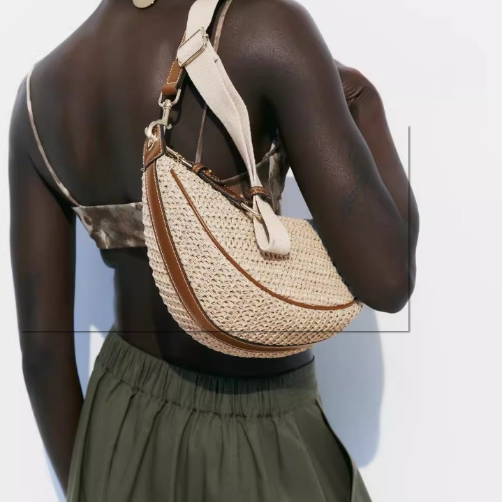 New Product Women's Single Casual Cross Shoulder Underarm Dumpling Grass Woven Crescent Half Round Bag_voghion.com