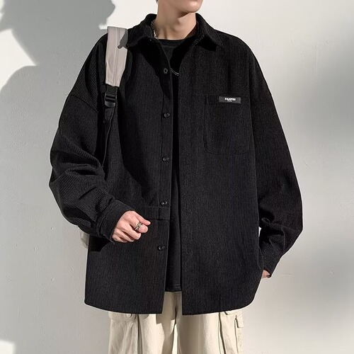 Men's Spring and Autumn Corduroy Jacket, Loose Student Fashion, Retro Japanese Style, Versatile Trendy Hong Kong Style Long Sleeve Shirt