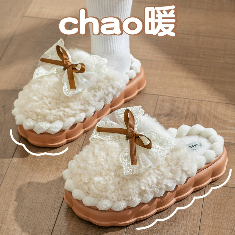 Хлопковые тапочки с бантом, женские домашние зимние теплые лунные туфли, Нескользящие плюшевые тапочки на толстой подошве, не скользящие, на ощупь