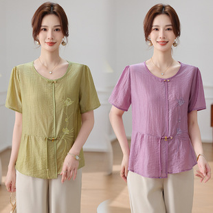 2025 New Summer Mother's Wear Ice Silk Cotton Embroidered New Chinese Style T-Shirt Tops Comfortable and Breathable Short-Sleeved Middle-Aged and Elderly Women