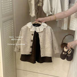 韩系女童2025秋装新款复古钩花针织开衫甜美碎花连衣裙两件套潮款