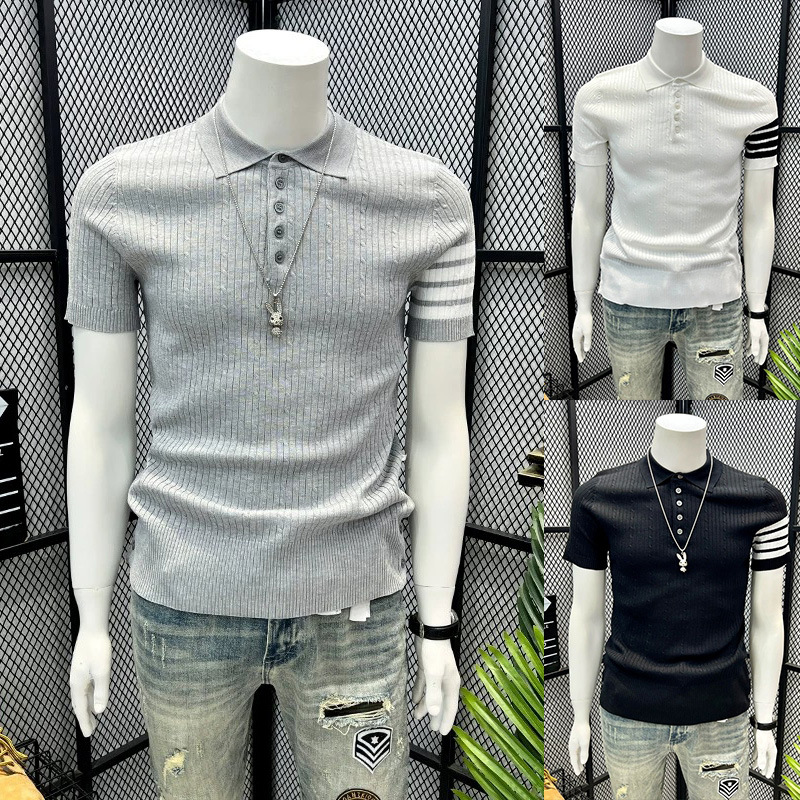 Polo camiseta de punto camiseta de manga corta hombre cuatro barras TB rayas tricolores torsión vieja fábrica de viento de dinero transfronterizo al por mayor