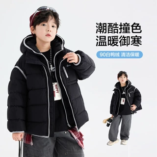 男童冬装假两件黑色防水面包羽绒服2025新款儿童免洗防寒连帽外套