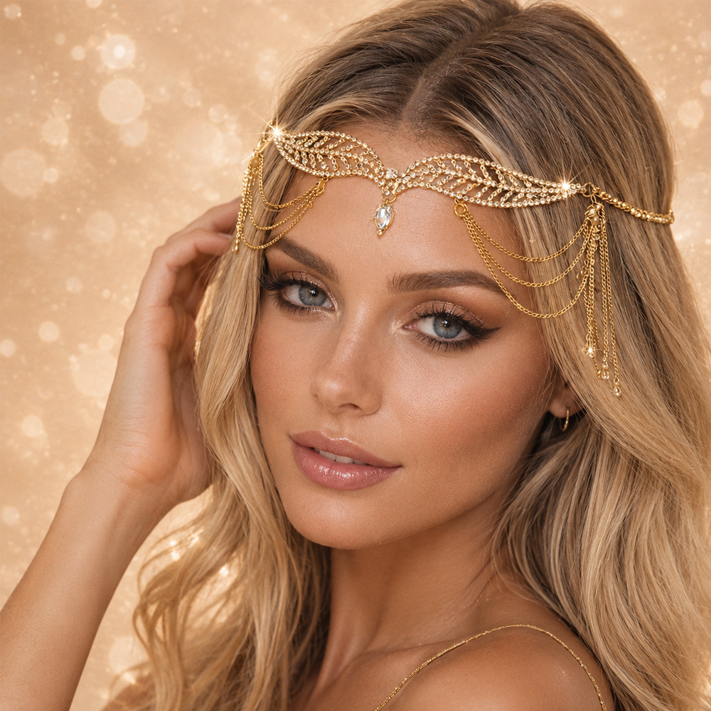 Cross-Border Trendy Tassel Hair Chain, Niche Retro Bohemian Style Rhinestone Forehead Chain, Bridal Wedding Party Hair Accessory