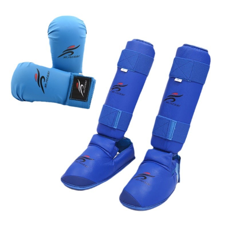 Protecciones de piernas de karate para adultos y niños Protecciones para pies Entrenamiento profesional Combate real Juego de tres piezas Guantes de karate engrosados