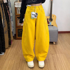 黄色秋季阔腿宽松弯刀牛仔裤女2025新款阔腿裤女镰刀显瘦裤子女款