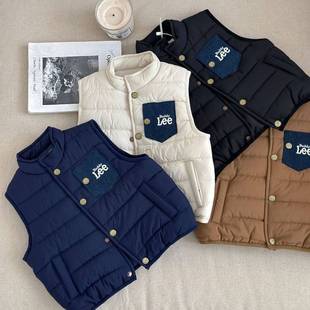 Japanese Fashion Brand Warm Vest Autumn and Winter Children's Collar Denim Pocket Color Cotton Vest for Boys and Girls Plus Fashion
