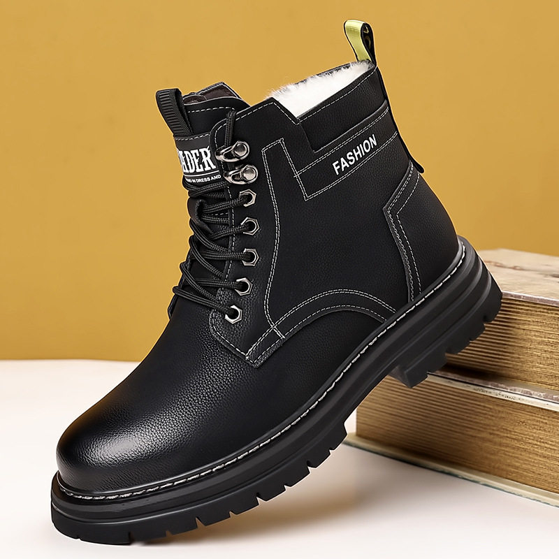 Giày bốt nam cổ cao lót lông giữ ấm kiểu Martin, gót 3-5 cm — QS666 cộng với nhung đen