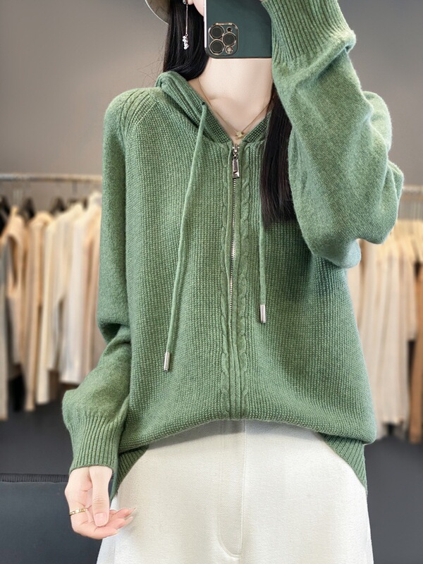 Fashion Autumn and Winter 24 New Versatile Hooded Stylish Sweater Cardigan Knit Jacket Women's Zipper