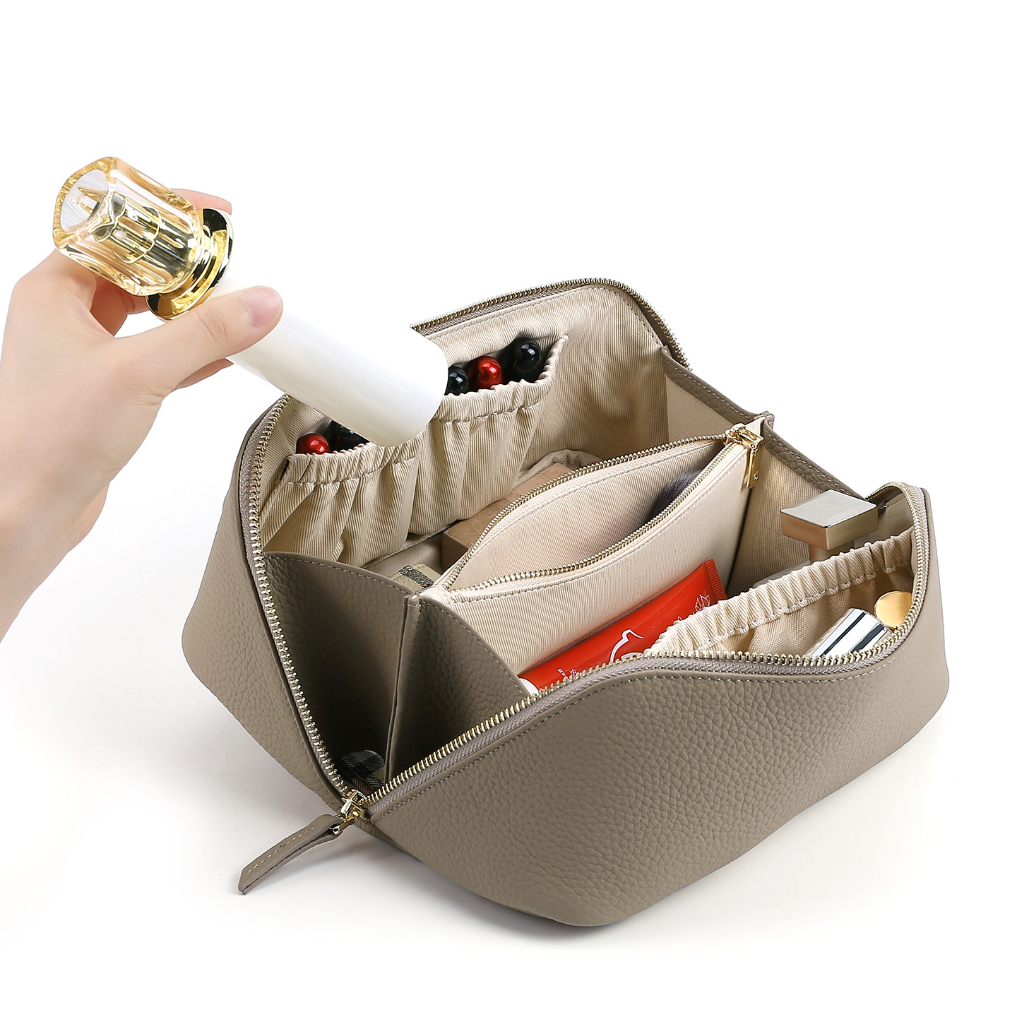Bolsa de Cosméticos de Cuero para Mujer de Gran Capacidad, Piel de Vaca, Multifuncional, para Almacenamiento