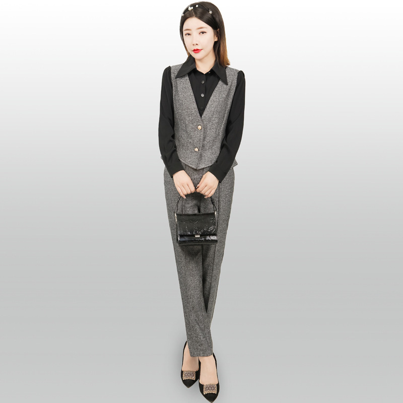 2024 Han-Style Women's Spring and Autumn Patchwork Elegant Commuter Professional Casual Two-Way Long-Sleeve Cropped Pants Two-Piece Set