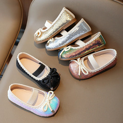 Children's Leather Shoes 2024 Autumn New Korean Style Baby Sparkling Princess Shoes for Girls with Bow Soft Sole Single Shoes Trendy