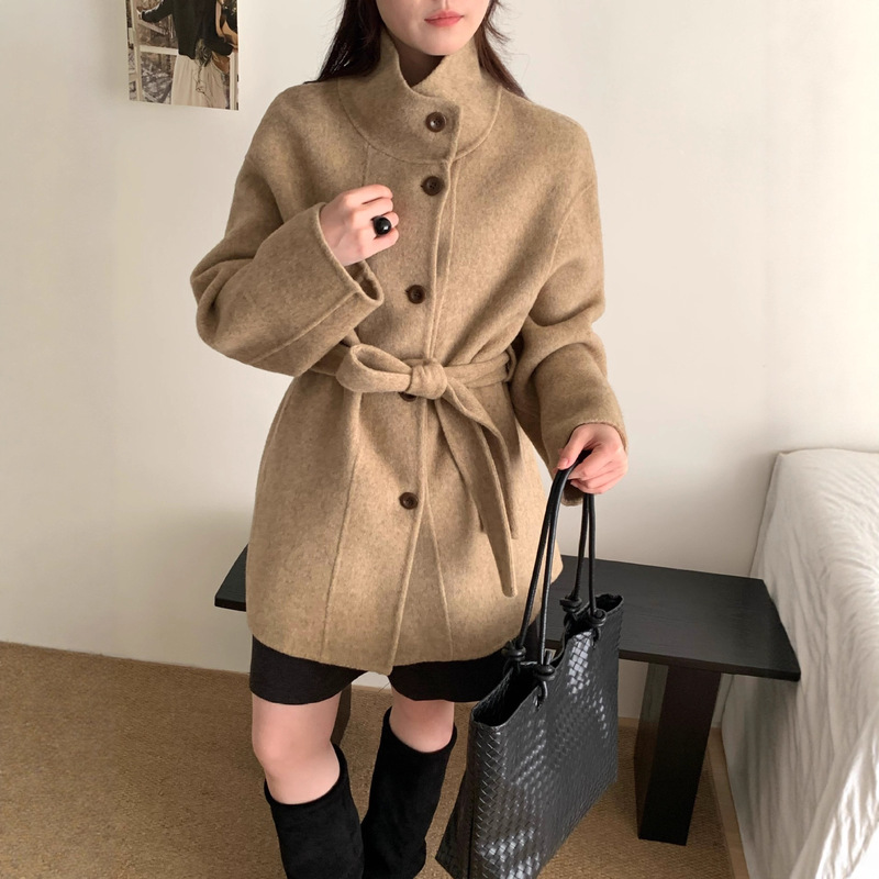 2025 New Autumn and Winter Korean Style Classy Stand-Up Collar Double-Sided Wool Outwear for Women Small Outwear Woolen Outwear