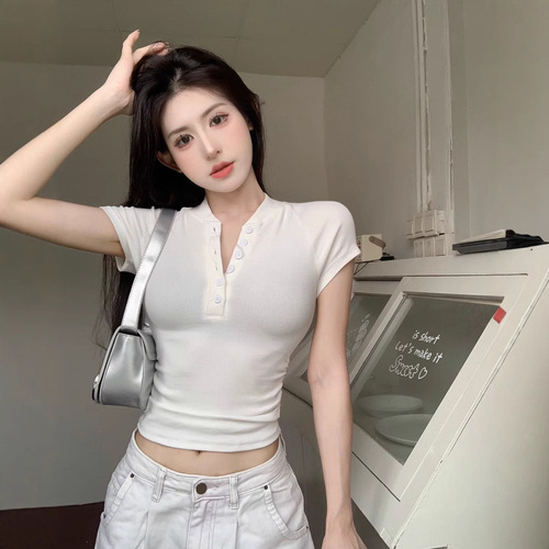 New 2025 Summer American Button-Down Short-Sleeve T-Shirt for Women, Fitted Wrinkle-Free Short Top, Casual Trendy Basic Shirt