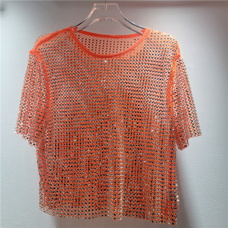 Diámetro de diamante hueco de diseño de perspectiva sensación de cuello redondo chaqueta corta delgada camiseta de mujer estilo extranjero blusa universal