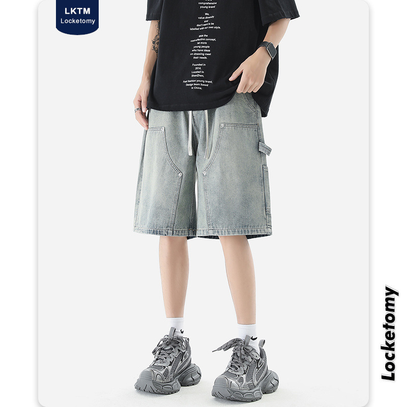 LKTMMen's Wear#Summer Logging Workwear Denim Shorts Men's American Loose Straight Casual Casual Mid-length Pants