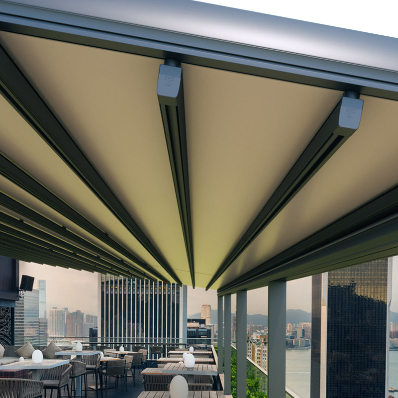 Fabricantes de suministro eléctrico inteligente Villa plegable dosel al aire libre patio retráctil sombrilla aislamiento lumbrera retráctil cobertizo