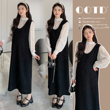 孕妇装秋季气质新款亮片背带连衣裙＋植绒波点雪纺打底衫甜美套装