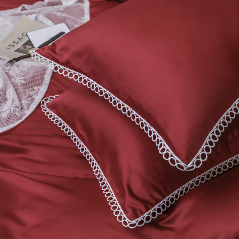 xyf夏季双面冰丝绸缎四件套感酒红色被套公主结婚床单床笠床裙款