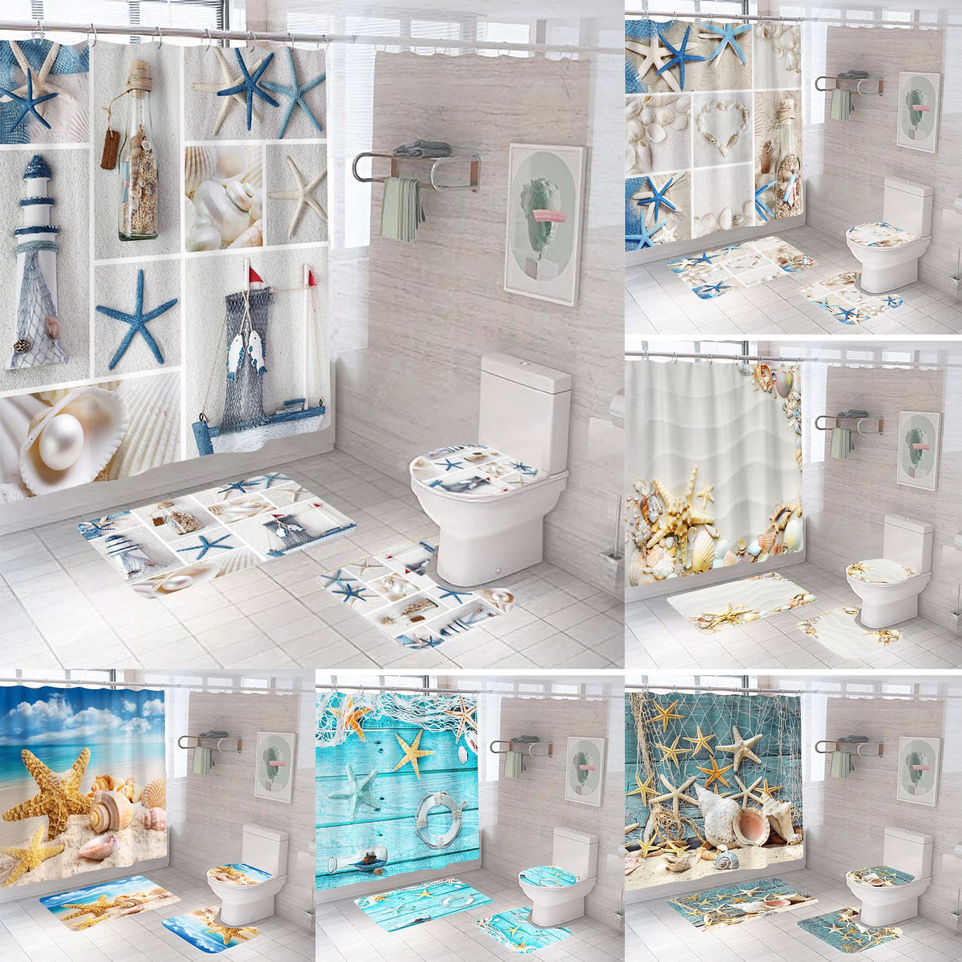 Bathroom curtain polyester 3D printed shower curtain waterproof shower curtain starfish scenery shower curtain set anti-slip mat four-piece set