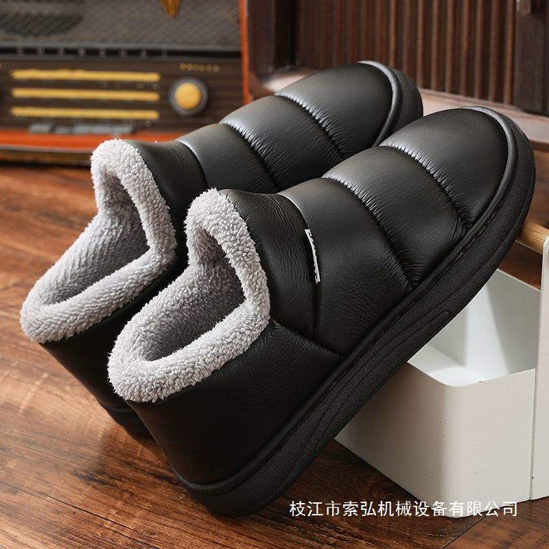 Cotton Slippers with Thick Soles for Couples to Wear Outside, Leather Waterproof, Non-Slip, Fleece-Lined, Ultra-Thick Snow Boots, Warm Cotton Shoes for Women