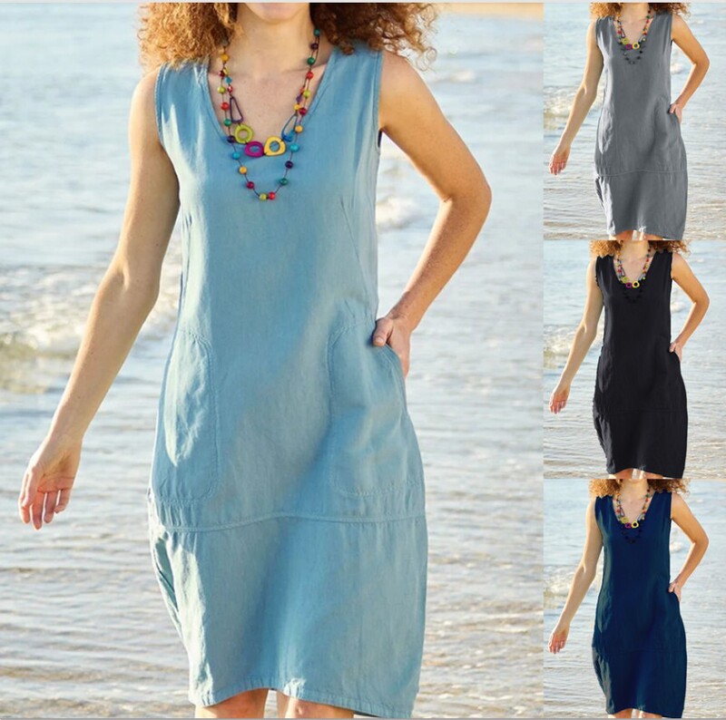 2023 European and American Cross-border Women's Dress Amazon Pure Cotton and Linen U-collar Sleeveless Pocket Mid-length Dress