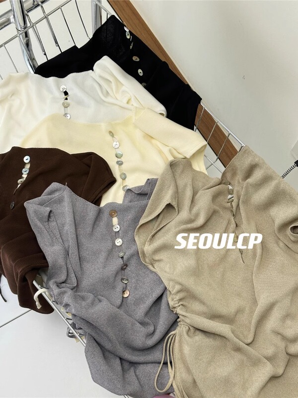 韓国スタイルバック中空 V ネックアイスシルクニット半袖レディース Tシャツデザイン巾着ウエスト小さなフライングスリーブトップ夏|undefined