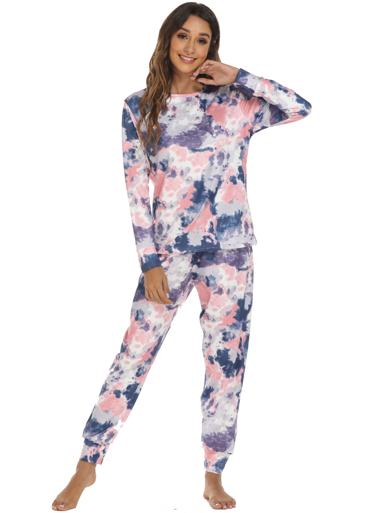 318g Weight Long Sleeve Sleeve Length Pullovers Placket Type Home Women'S Fashion Color Block Elk Polyester Printing Pants Sets Pajama Sets