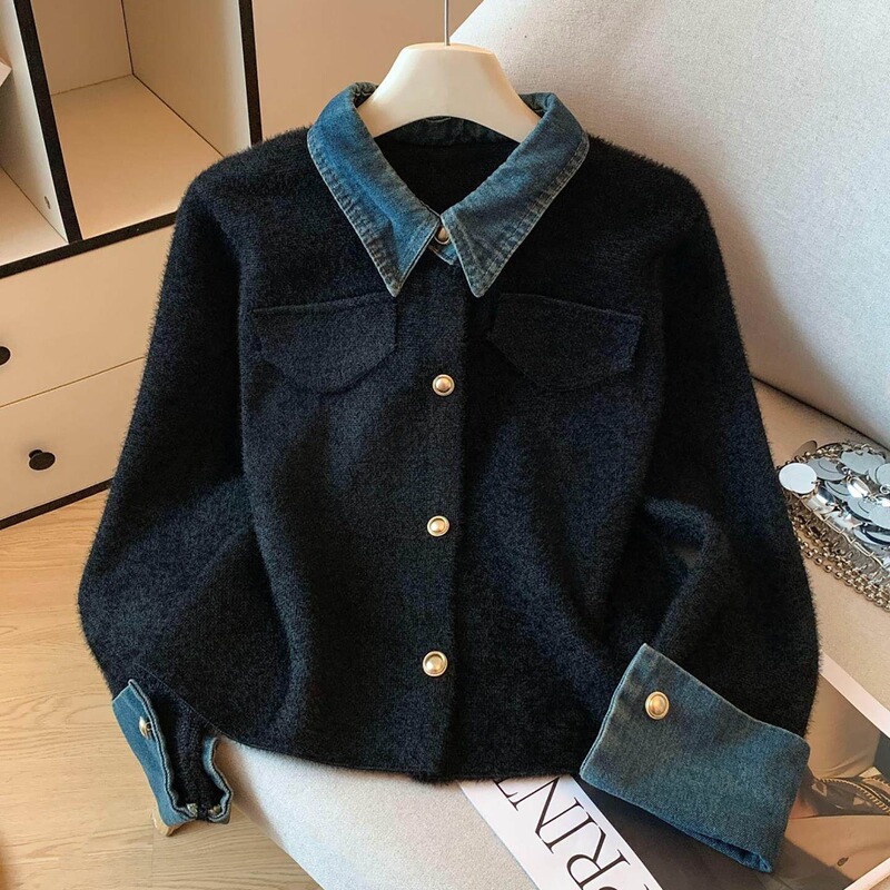 Recommended for Personal Collection~ Denim Patchwork Faux Two-Piece Knit Sweater for Women, New Autumn and Winter Style, Soft and Luxurious Sweater Jacket Recommended for Personal Collection~ Denim Patchwork Faux Two-Piece Knit Sweater for Women, New Autumn and Winter Style, Soft and Luxurious Sweater Jacket