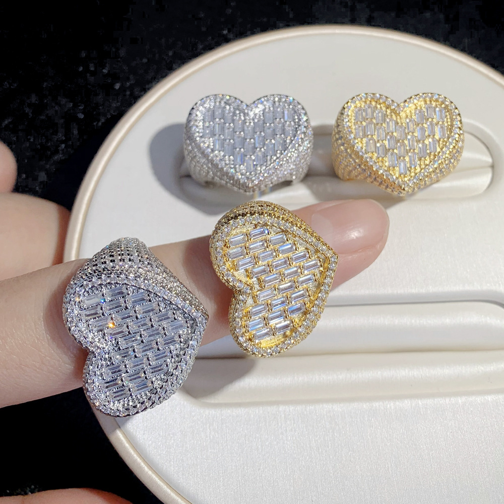 Hip-Hop Heart Shape Copper Inlay Zircon Rings 1 Piece