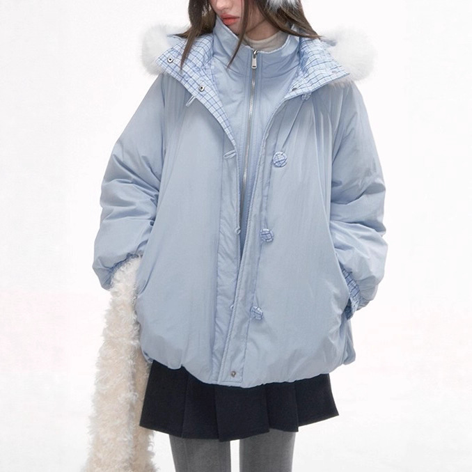 Canned Shiduo's "Snow Realm Overlay" Winter Blue Fake Two White Duck down Hooded Fur Collar Flower Bud down Jacket
