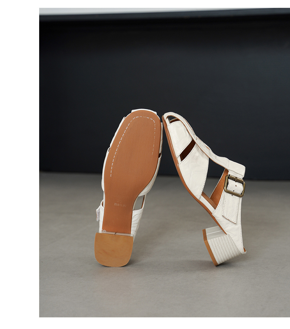Dép sandal nữ quai dệt da cừu, đế La Mã thô, gót 4.5 cm — Màu caramel chi tiết 15