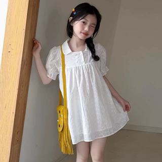女童翻领泡泡袖连衣裙2026夏款儿童棉小白裙韩版宽松透气公主裙